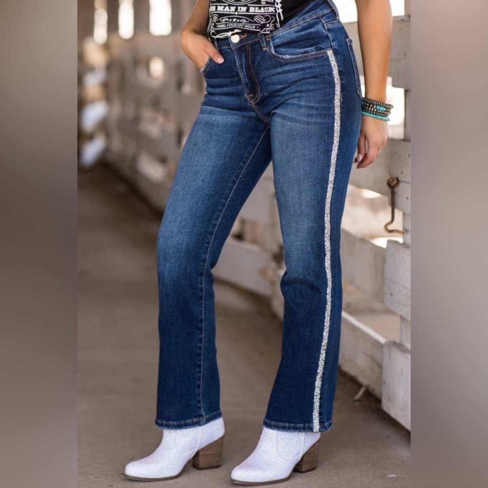 Risen Dark Wash Embellished Side Stripe Jeans